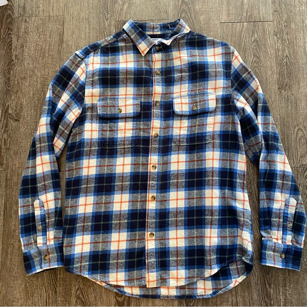 Old Navy Shirt Men Medium Blue White Orange Long Sleeve Fennel  Button Down